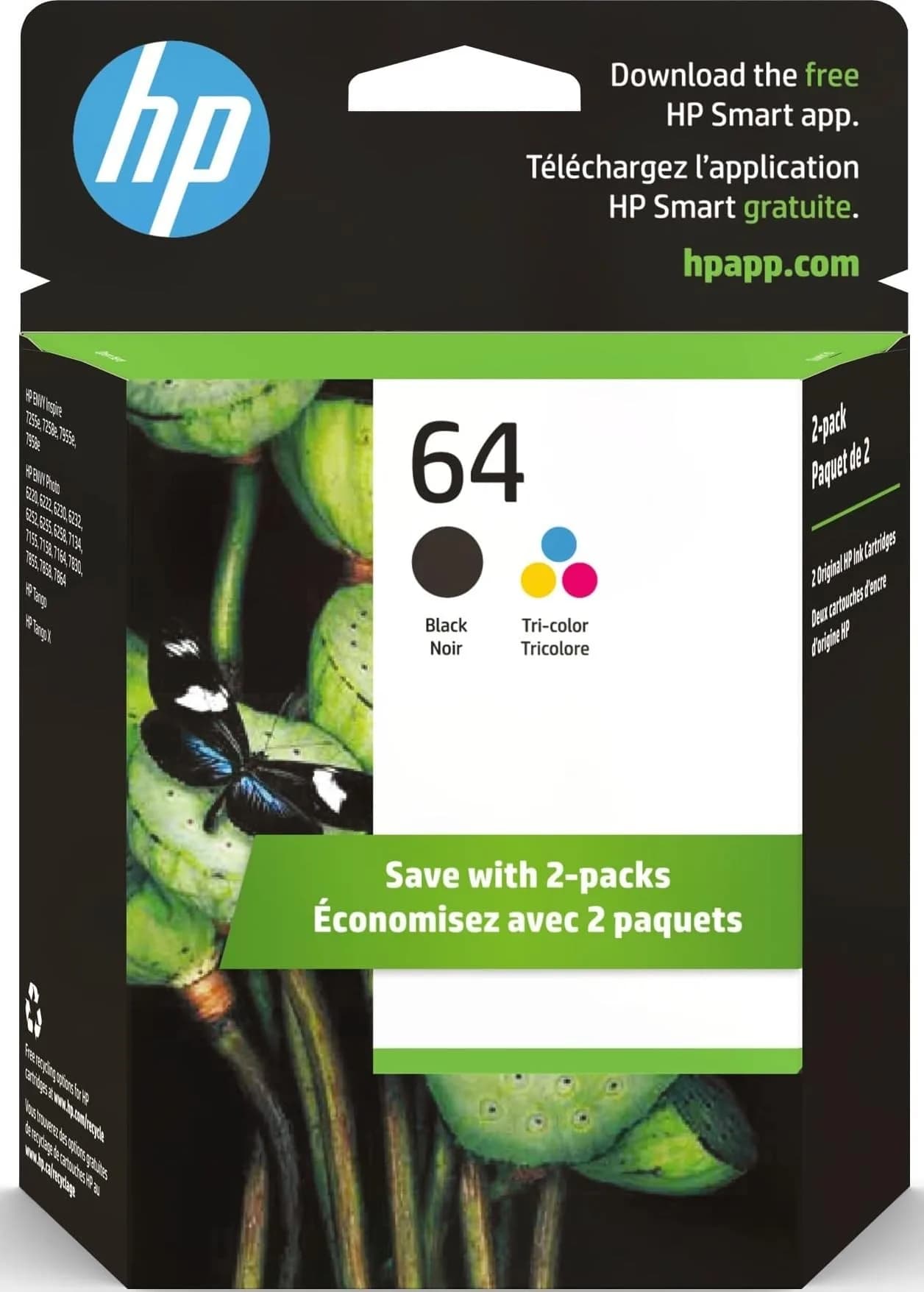 HP 64 Black & Tri-Color Ink Cartridges Combo Pack | 200 Pages Black, 165 Pages Tri-Color - main product image