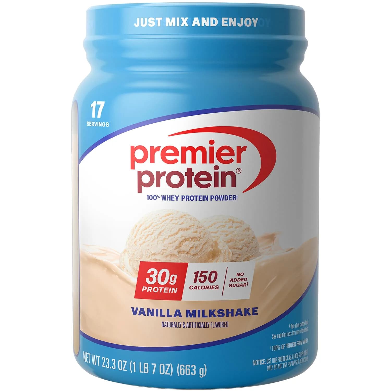 Premier Protein Vanilla Milkshake protein powder tub Whey isolate 17 servings