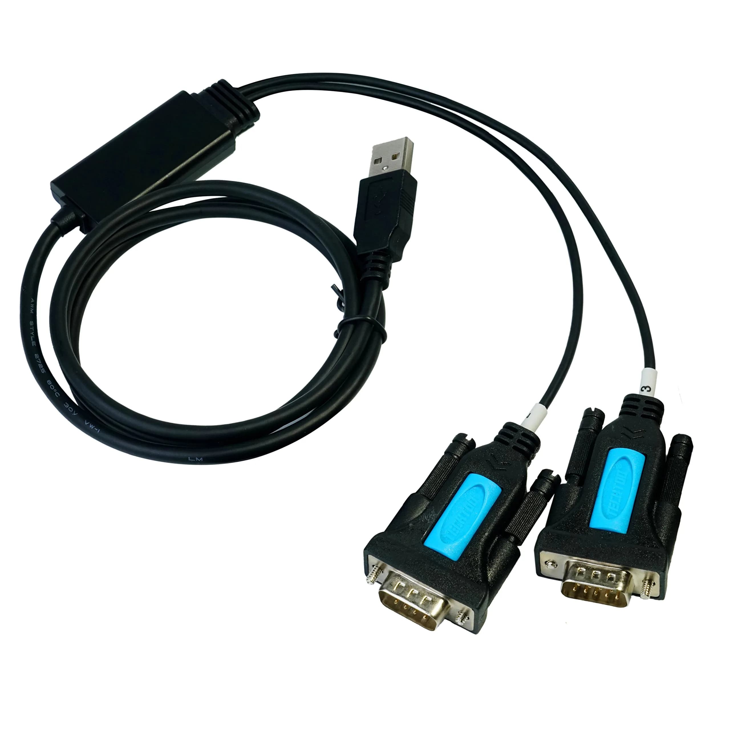 TECHTOO FTDI Chip USB to RS232 Serial Adapter Cable 1m (3ft) Male-to-Male | Connects PCs to Serial Devices — 2 RS232 Port / W/Thumbscrews