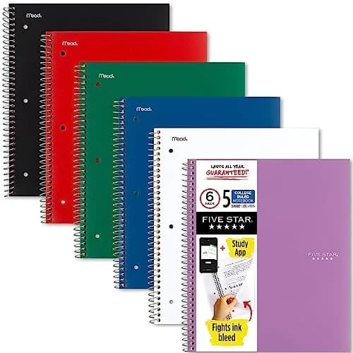 Five Star Spiral Notebook 6 Pack, 5 Subject, College Ruled Paper, 8-1/2" x 11", 200 Sheets Per Notebook | Water Resistant Cover, Study App Compatible thumbnail 1