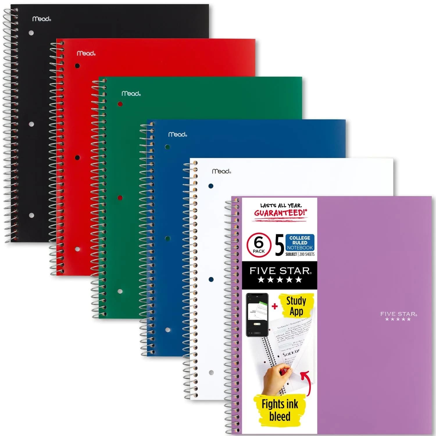 Five Star Spiral Notebook 6 Pack, 5 Subject, College Ruled Paper, 8-1/2" x 11", 200 Sheets Per Notebook | Water Resistant Cover, Study App Compatible