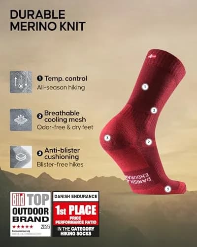 DANISH ENDURANCE Merino Wool Hiking Socks 3-Pack Medium | Crew-Height, Cushioned, Breathable, Anti-Blister thumbnail 2
