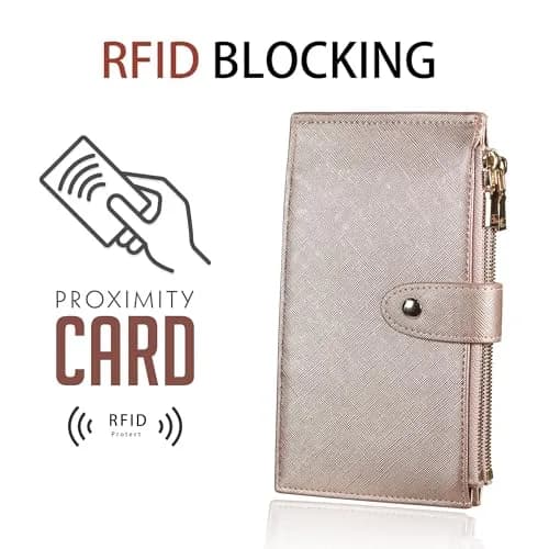 Travelambo RFID Wallet Women Large Size Bifold Multi Card Wallet Case with Zipper Pocket, Rose Gold | 15 Card Slots, RFID Blocking thumbnail 3