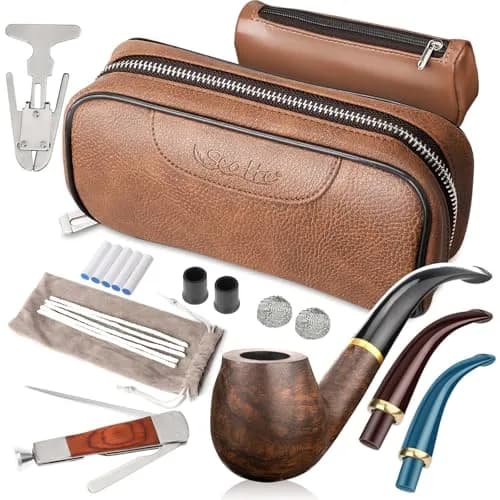 Scotte Handmade Pipe Set with Leather Pouch & Accessories | Brown Wood Pipe Kit (10-Piece Set) thumbnail 1