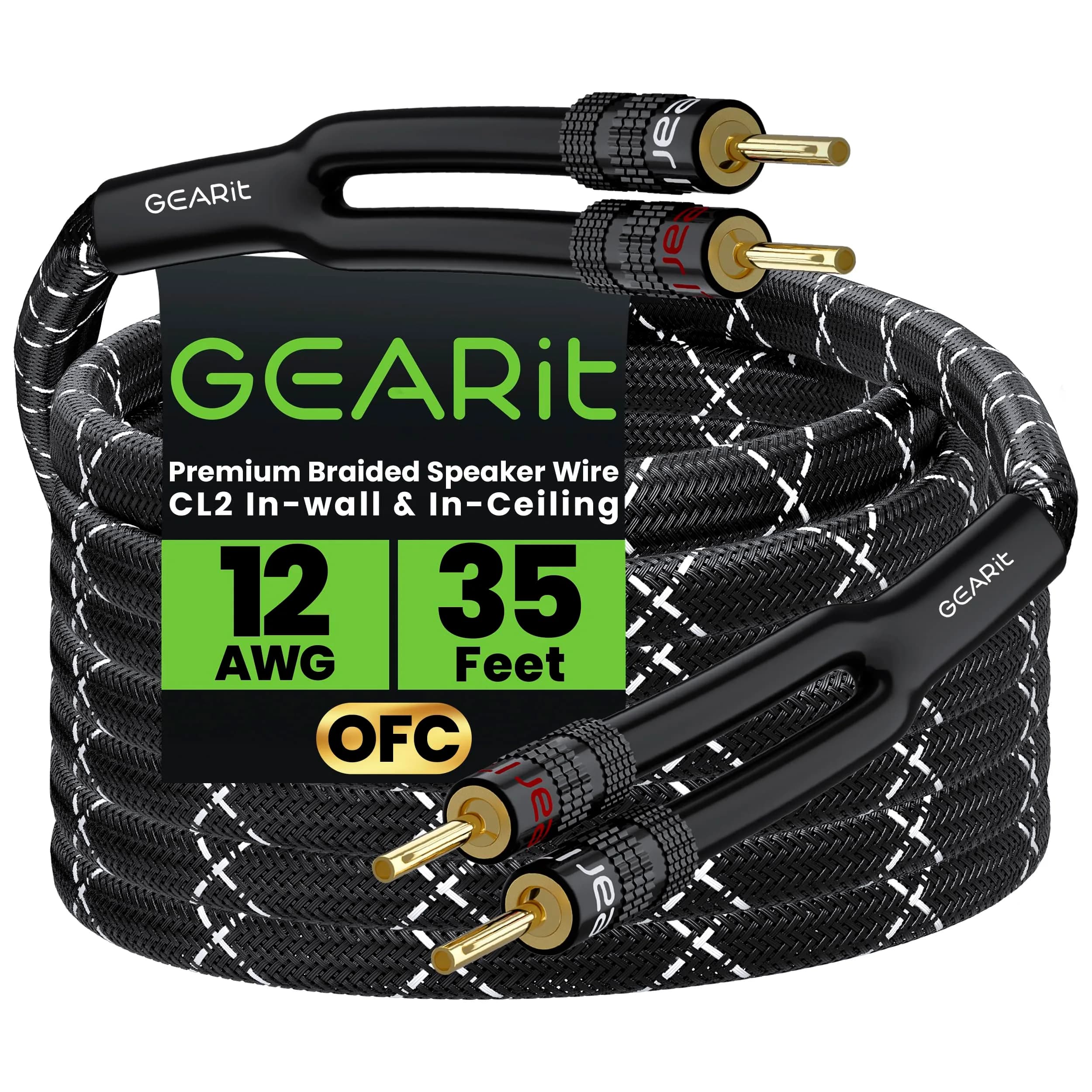 GEARit 12 Gauge Braided Speaker Cable with Banana Plugs 35 ft (10.67 m) | CL2 Rated OFC Copper Wire