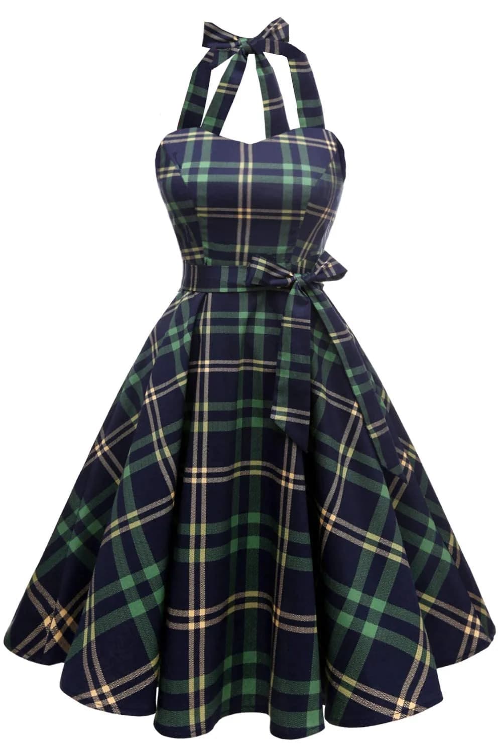 Topdress Vintage Polka Audrey Dress 3XL | Halter Neck, Green Plaid, 95% Cotton