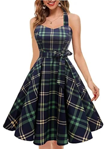 Topdress Vintage Polka Audrey Dress 3XL | Halter Neck, Green Plaid, 95% Cotton thumbnail 2