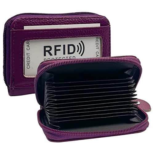 ZHOMA RFID Blocking Genuine Leather Credit Card Holder Wallet - Purple | 11 Card Slots thumbnail 1