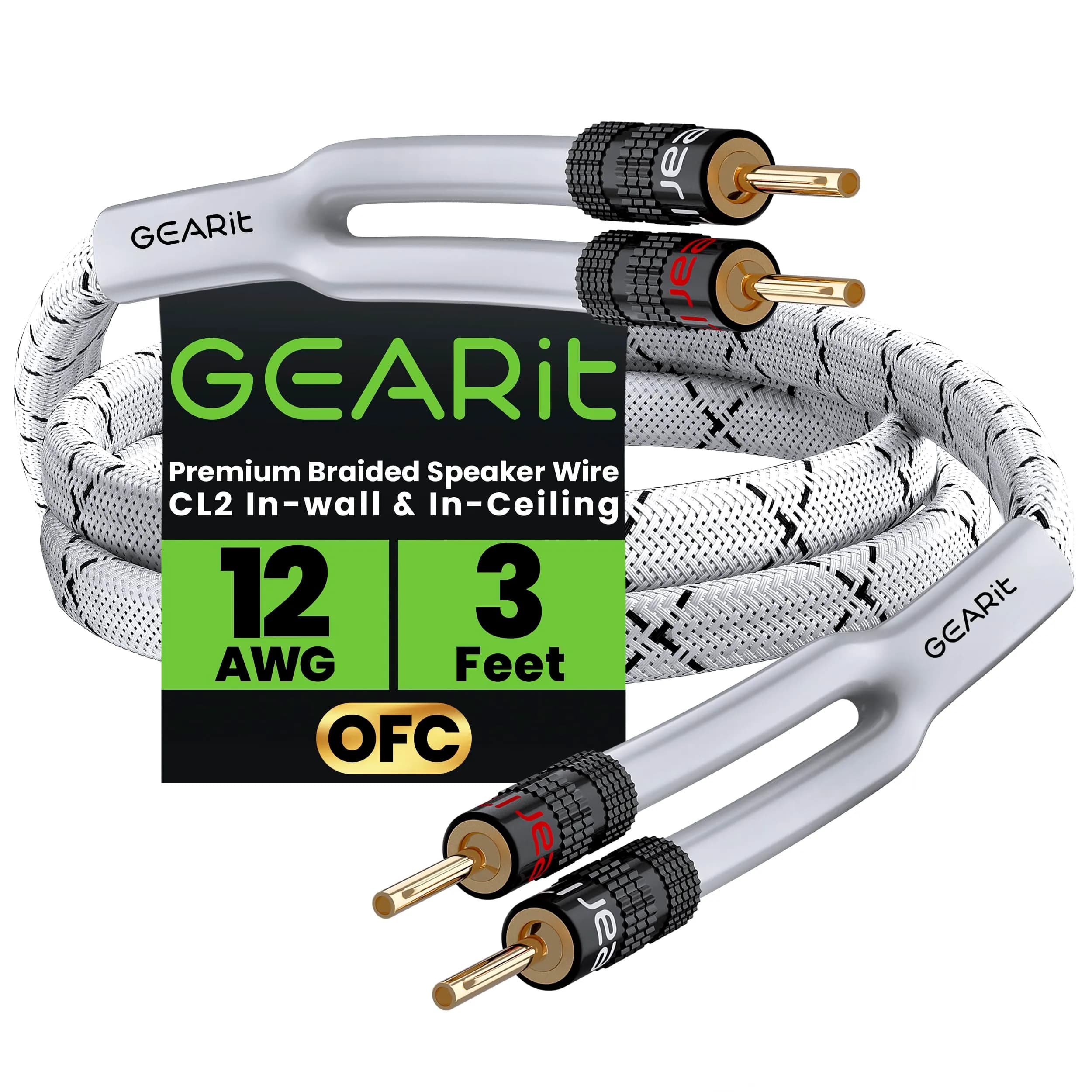 GEARit 12AWG Braided Speaker Cable with Gold-Plated Banana Plugs, 0.91 m (3 Feet) | High-Purity OFC Copper Wire for Amplifiers