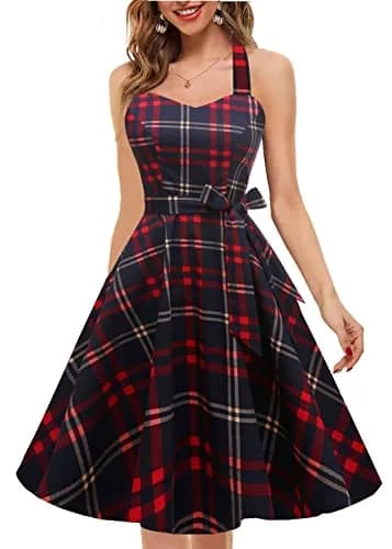 Topdress Vintage Polka Audrey Dress 1950s Halter Cocktail Dress Red Plaid XX-Large | Classic Retro Style for Women thumbnail 2