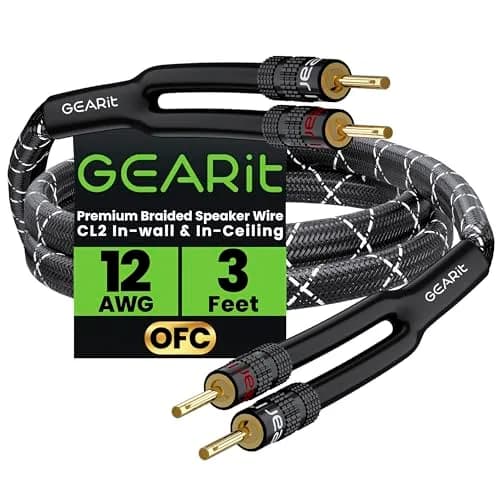GEARit 12 Gauge Speaker Wire with Banana Plugs 0.91 m (3 Feet) | CL2 Rated In-Wall Braided OFC Copper thumbnail 1