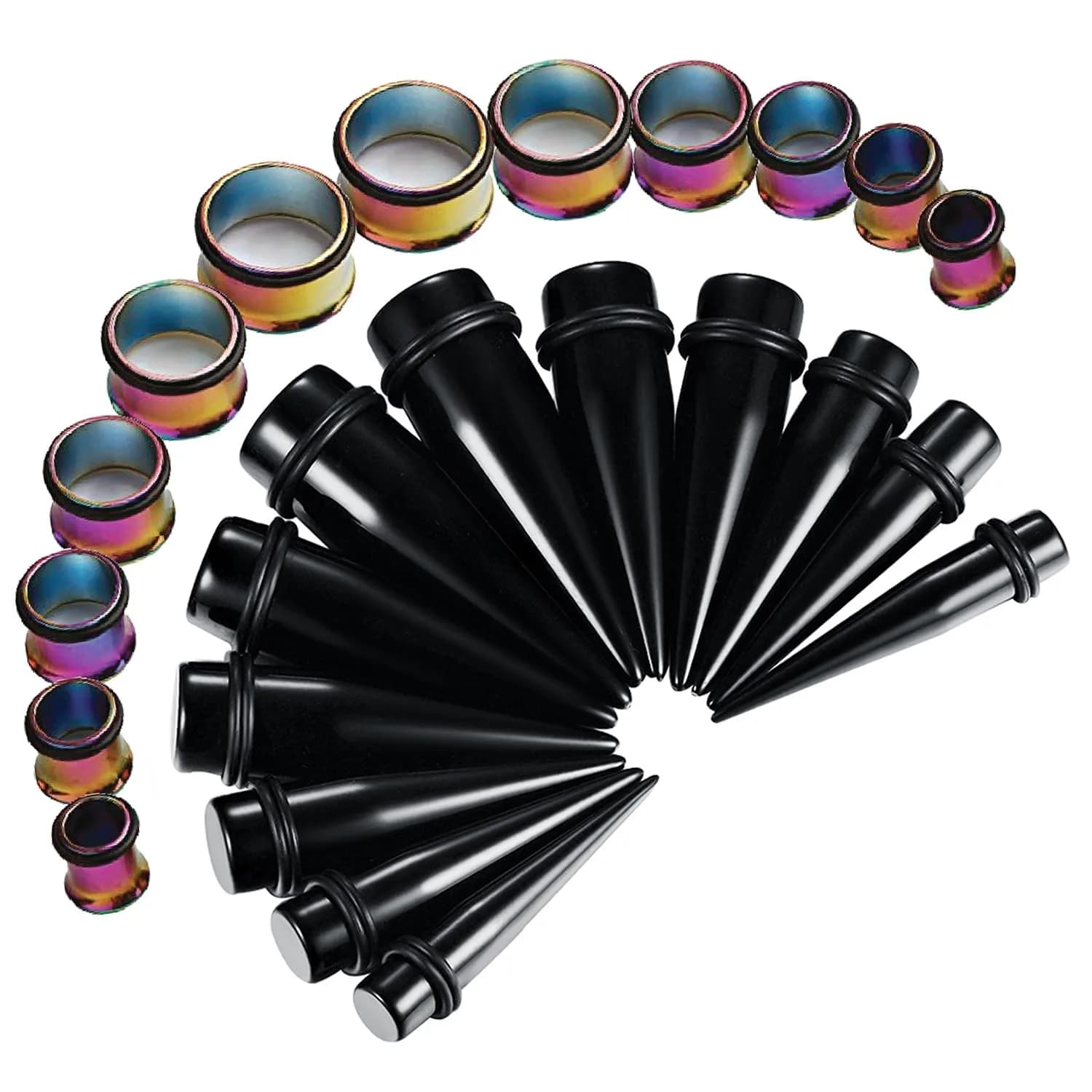 BodyJ4You 24PC Ear Gauge Stretching Kit - 00G-20mm Rainbow Stainless Steel Tapers & Tunnels