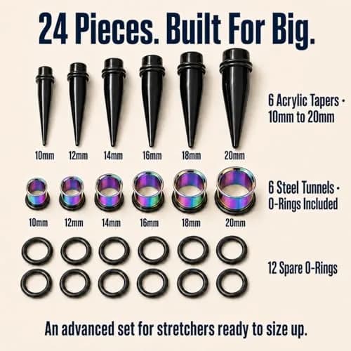 BodyJ4You 24PC Ear Gauge Stretching Kit - 00G-20mm Rainbow Stainless Steel Tapers & Tunnels thumbnail 3