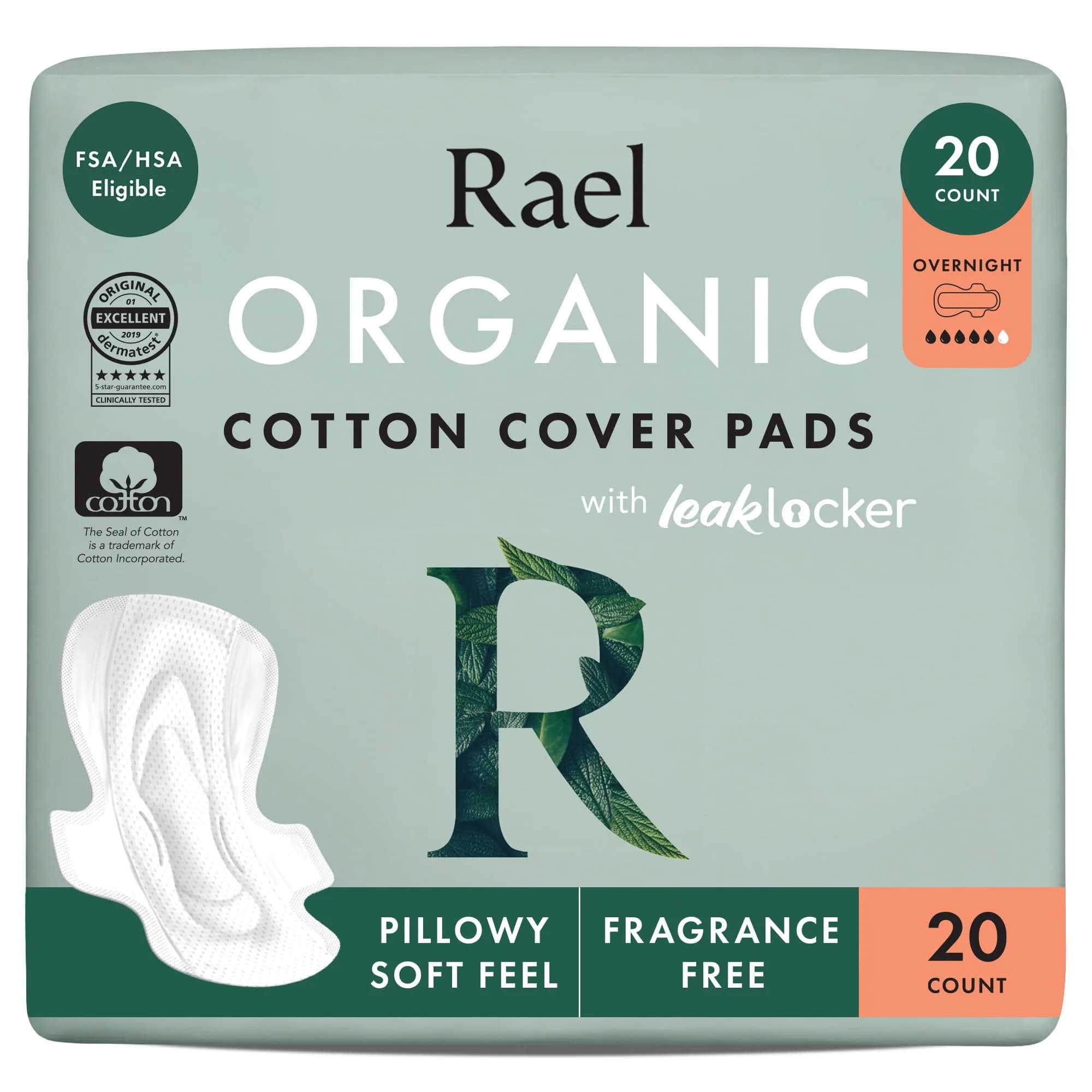 Rael Organic Cotton Cover Sanitary Pads for Women, Heavy Overnight 20 Ct | Made with 100% Organic Cotton