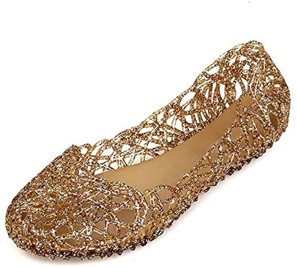Domucos Flat Jelly Ballet Flats Gold | Breathable Synthetic, Round Toe, Slip-On, Glitter Loafers for Women