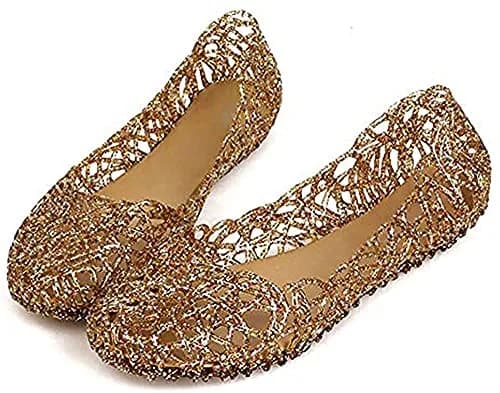 Domucos Flat Jelly Ballet Flats Gold | Breathable Synthetic, Round Toe, Slip-On, Glitter Loafers for Women thumbnail 6