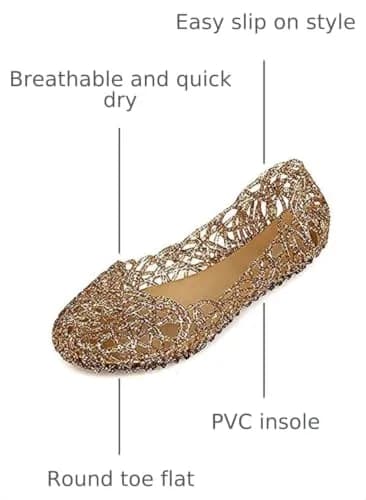 Domucos Flat Jelly Ballet Flats Gold | Breathable Synthetic, Round Toe, Slip-On, Glitter Loafers for Women thumbnail 3