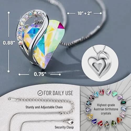 Leafael Infinity Love Heart Pendant Necklace 0.75" Crystal Birthstone Silver Plated 18" + 2" Chain thumbnail 3