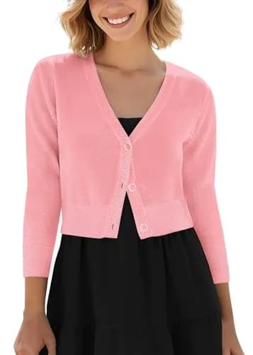 Urban CoCo Women's Cropped Cardigan V-Neck Button Down Sweater 3/4 Sleeve (M, Pink) | Lightweight & Breathable for Indian Climate thumbnail 1