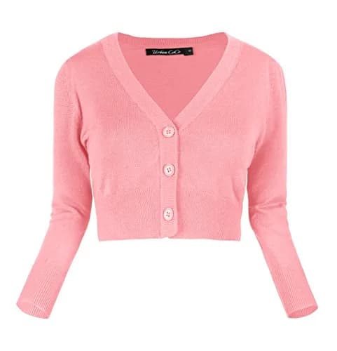 Urban CoCo Women's Cropped Cardigan V-Neck Button Down Sweater 3/4 Sleeve (M, Pink) | Lightweight & Breathable for Indian Climate thumbnail 2