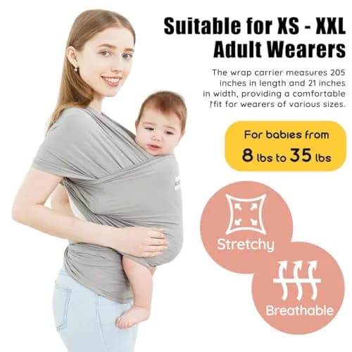 ACRABROS Baby Wrap Carrier Grey | Soft, Breathable, Hands-Free for Newborns to 35 lbs thumbnail 2