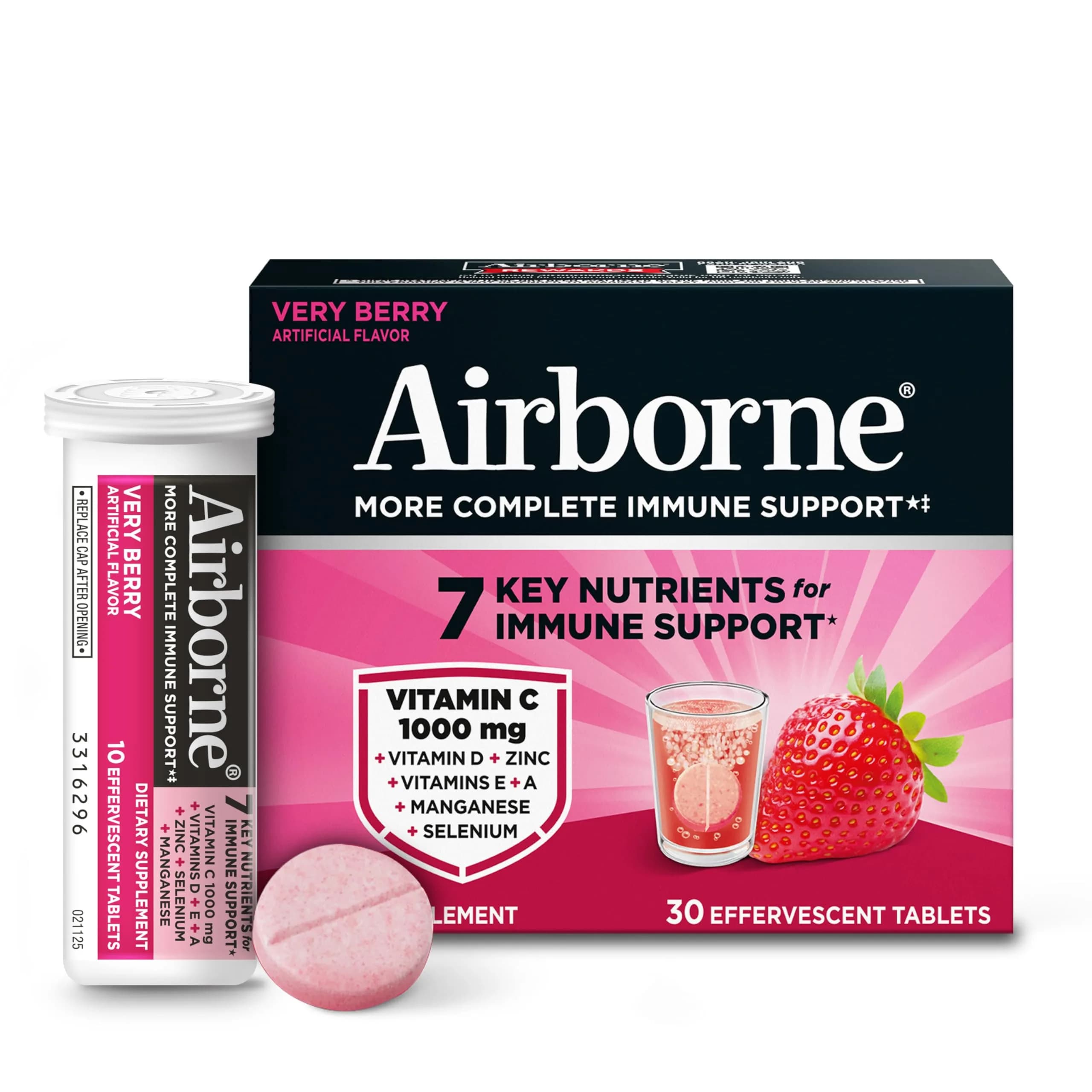 Airborne Immune Support Effervescent Tablets Very Berry Flavor 30 Count | 1000mg Vitamin C + Zinc & Herbal Blend - main product image