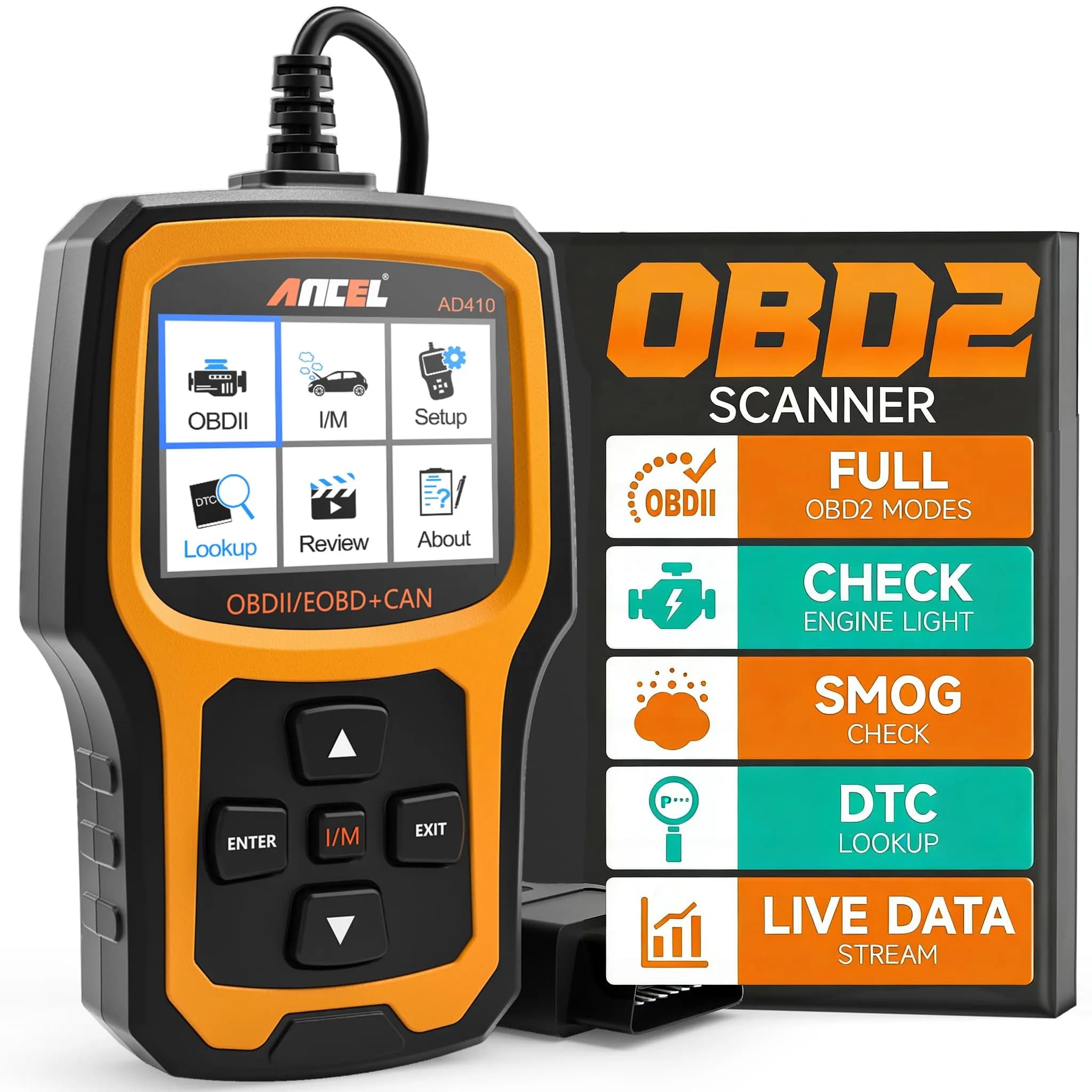 ANCEL AD410 Vehicle Scan Tool | Supports All 1996+ OBD2 Cars, Fault Code Reader, Live Data, Easy for Beginners - main product image