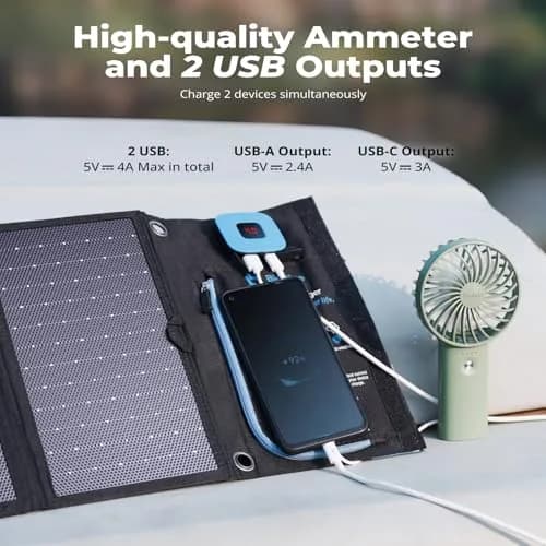 BigBlue 28W Solar Panel Charger 600g (1.3lb) | 25.4% High-Efficiency, USB-A/USB-C Ports, Digital Ammeter thumbnail 3