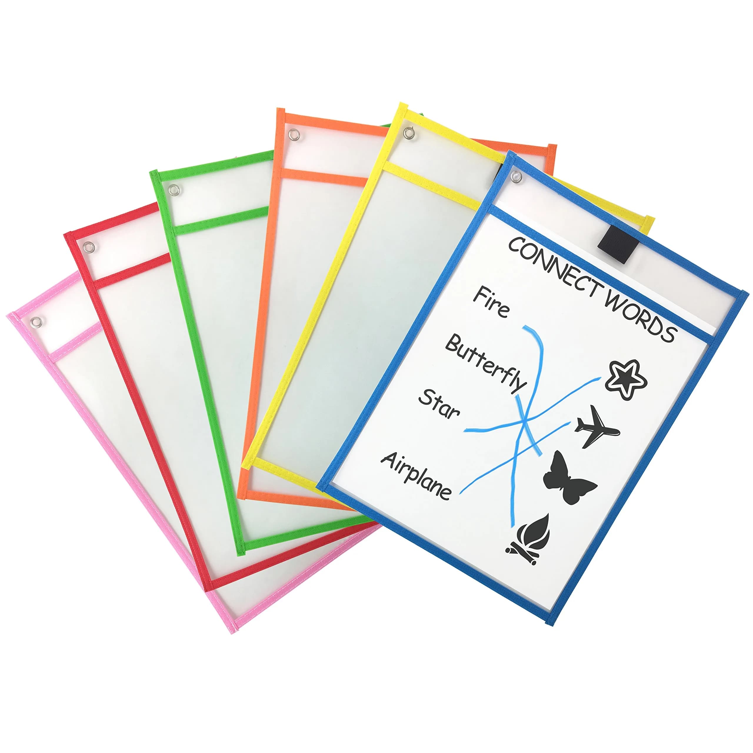 Clipco Assorted Colors Dry Erase Pocket Sleeves 6-Pack | Reusable Worksheet Protectors for Teachers & Students - main product image