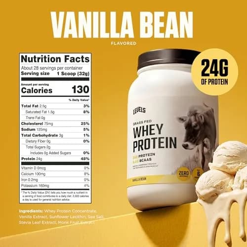 Levels Nutrition Grass Fed Whey Protein Powder Vanilla Bean 0.91 kg (2 lb) | 24g Protein Per Scoop, Clean Ingredients thumbnail 3