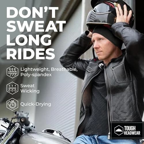 Tough Headwear Black Skull Cap Beanie - Helmet Liner for Men & Women - UPF 50+ Sun Protection - Fits 55.9-61.6 cm thumbnail 2
