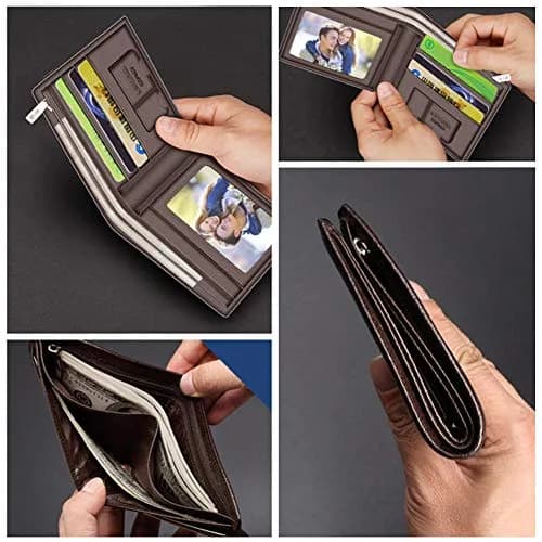 LAORENTOU Men's Genuine Leather Bifold Wallet with Zipper Coin Pocket & ID Window | Brown, 11cm x 9.5cm x 1cm (4.33" x 3.74" x 0.39") thumbnail 5