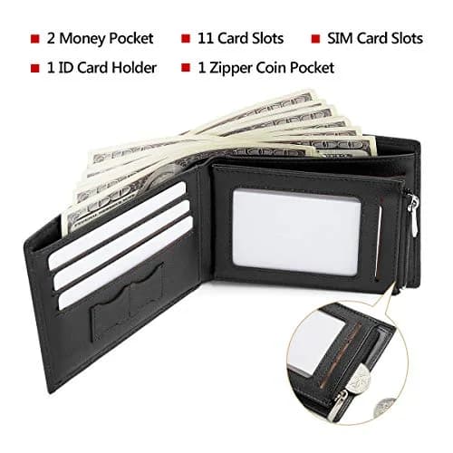 LAORENTOU Full-Grain Leather Bifold Wallet for Men | 9 Card Slots, Zipper Coin Pocket, ID Window, Black thumbnail 5