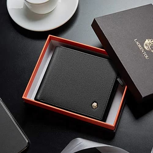 LAORENTOU Full-Grain Leather Bifold Wallet for Men | 9 Card Slots, Zipper Coin Pocket, ID Window, Black thumbnail 2