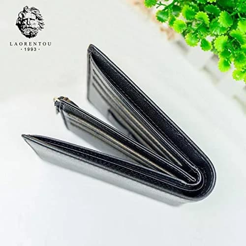 LAORENTOU Full-Grain Leather Bifold Wallet for Men | 9 Card Slots, Zipper Coin Pocket, ID Window, Black thumbnail 3