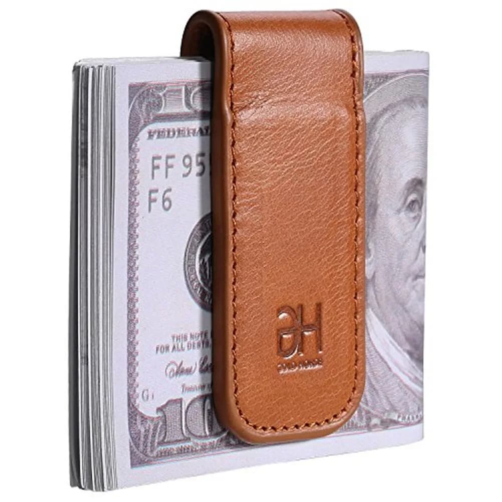 GH GOLD HORSE Slim Magnetic Money Clip Genuine Leather Business Card Holder for Men | 7 cm (2.75 in) — Brown