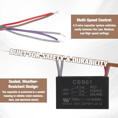 Podoy CBB61 Ceiling Fan Capacitor 4.5uF+5uF+6uF 250VAC 5-Wire 2-Pack | Restores Fan Speeds thumbnail 4