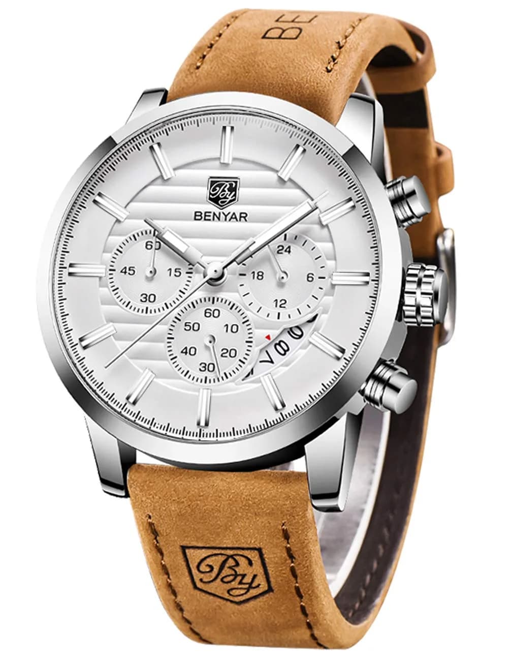 BY BENYAR Men's Analog Quartz Chronograph Watch 44mm (1.73 inch) | Water Resistant with Luminous Dial — Brown Silver White