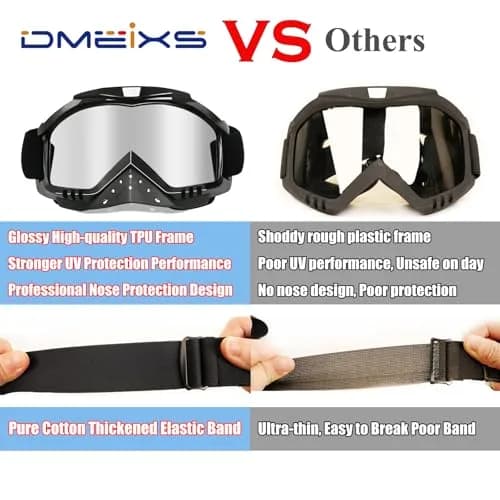 Dmeixs Silver Lens Motorcycle Motocross Goggles | Anti-Fog, UV Protection, Helmet Compatible thumbnail 3
