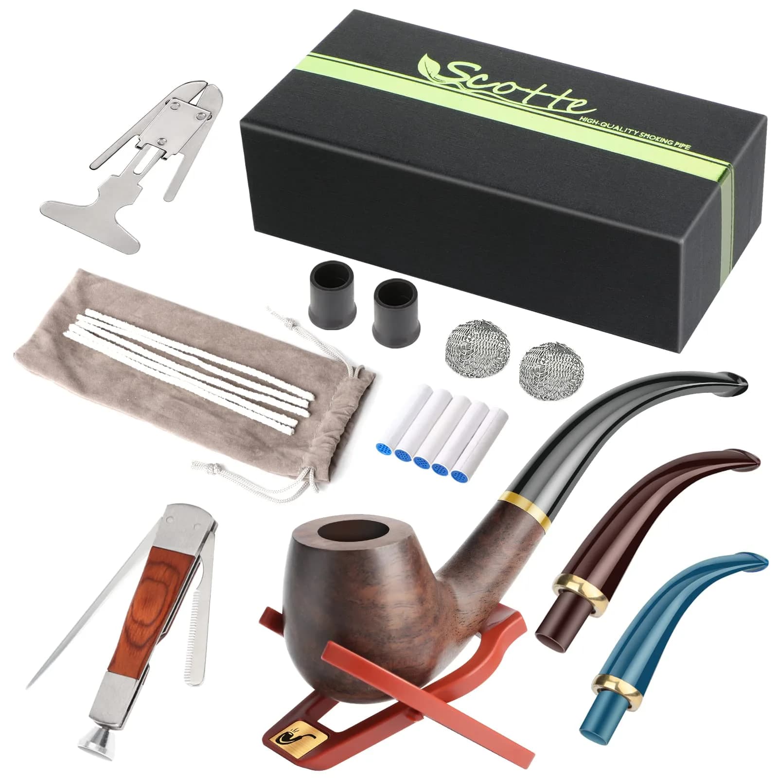 Scotte Handmade Wood Pipe Kit 20 Piece Set | Detachable Pipe with Accessories, Black & Pear Wood, Billiard Shape - main product image