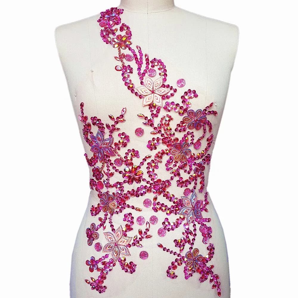 succi shan fabric_applique_patch 30x60cm | Beaded Crystal Rose Red AB Patch for DIY Wedding Dress - main product image