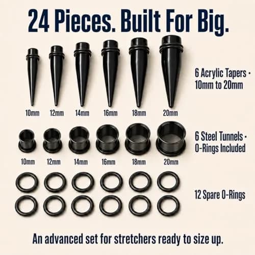 BodyJ4You Black 00G Ear Gauge Stretching Kit | 24-Piece Set with Stainless Steel Tunnels & Acrylic Tapers (10mm-20mm) thumbnail 3