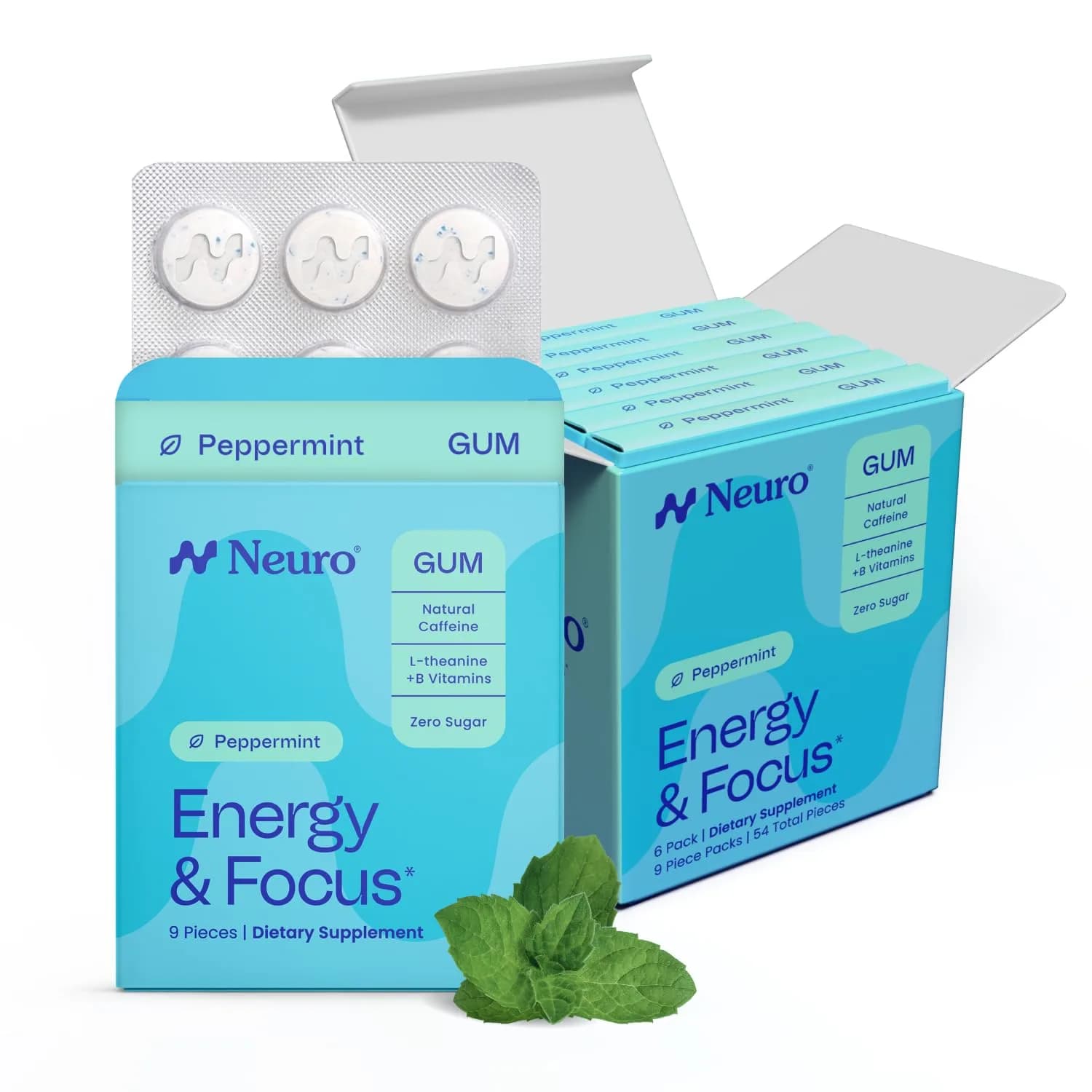 Neuro Energy & Focus Gum, Peppermint, 54 Count | Nootropic Supplement with Natural Caffeine & L-Theanine