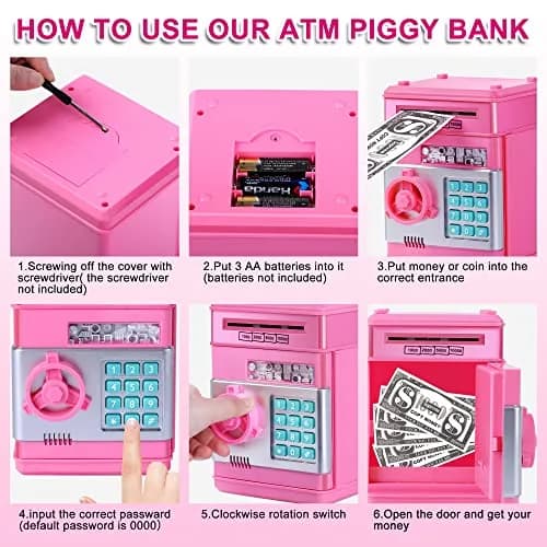 GuDoQi Pink Electronic Piggy Bank for Kids 3-10 Years | Mini ATM Money Saving Box with Password Protection thumbnail 6