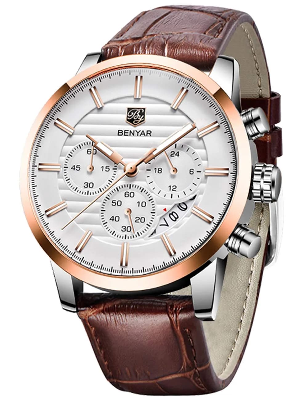 BY BENYAR Men's Analog Quartz Chronograph Watch 44mm (1.73 inch) | Water Resistant with Luminous Dial — L Rose Gold White B