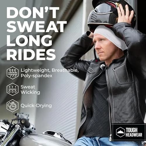 Tough Headwear Skull Cap - Skull Caps for Men - Motorcycle and Bike Helmet Liner - Hard Hat Cooling Hats - No Sweat Head Caps White | UV & Sweat Wicking thumbnail 2