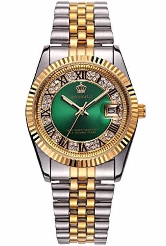 CARLIEN Silver & Gold Stainless Steel Strap Waterproof Quartz Women's Watch (Green) | Classic Calendar thumbnail 1