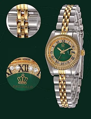 CARLIEN Silver & Gold Stainless Steel Strap Waterproof Quartz Women's Watch (Green) | Classic Calendar thumbnail 5