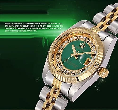 CARLIEN Silver & Gold Stainless Steel Strap Waterproof Quartz Women's Watch (Green) | Classic Calendar thumbnail 2
