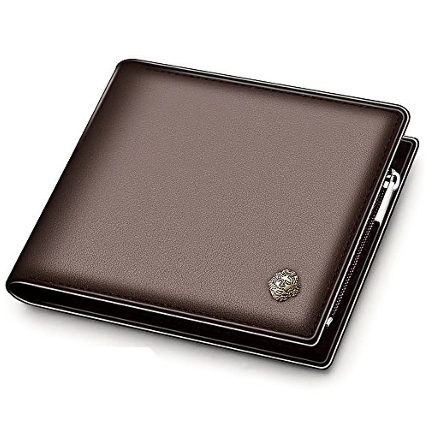 LAORENTOU Genuine Leather Bifold Wallet with Zipper Pocket & ID Window | 11cm (4.33") x 9.5cm (3.74") — 01 Brown